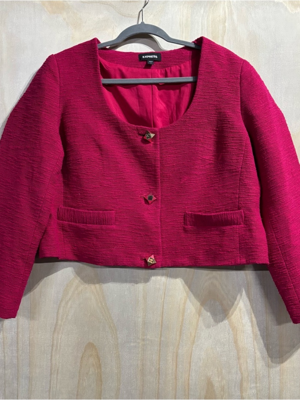 Express Pink Cropped Blazer Jacket Textured Gold Button XL - Picture 2 of 12